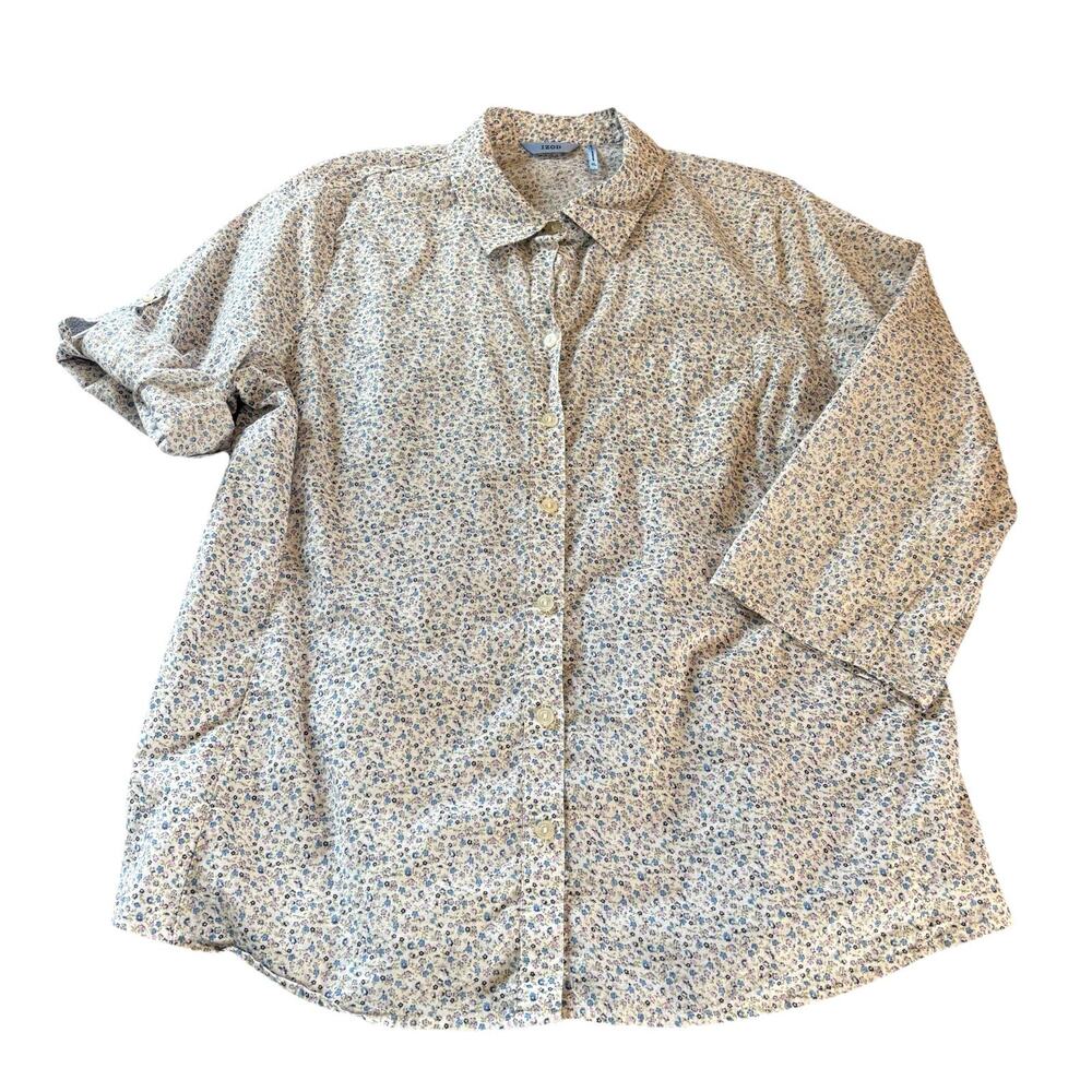 Izod Women’s Ditsy Spring Floral Button Down Shirt Size XL 3/4 Roll Tab Sleeves